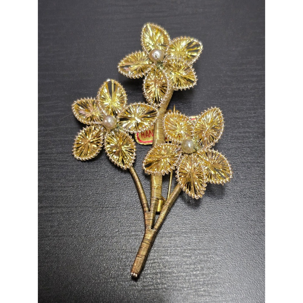 Western Germany Vintage Spun Wire Work Flower Brooch Gold Tone